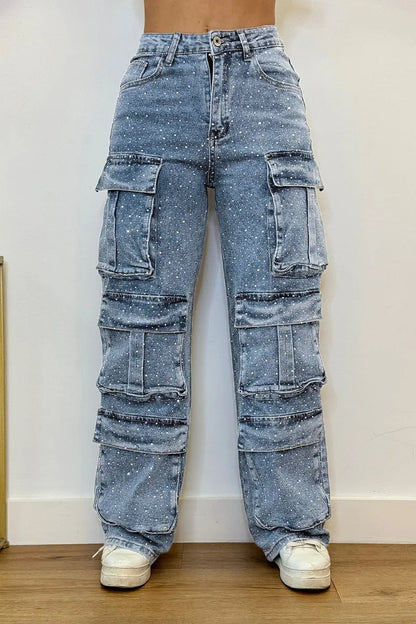 Rhinestone cargo jeans for women | Lucy -8