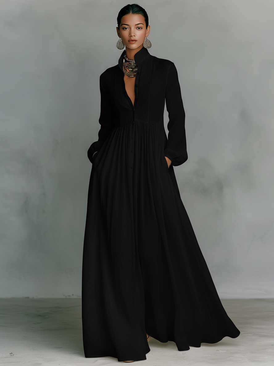 Minimalist stand-collar patchwork maxi dress for women | Aveline -6