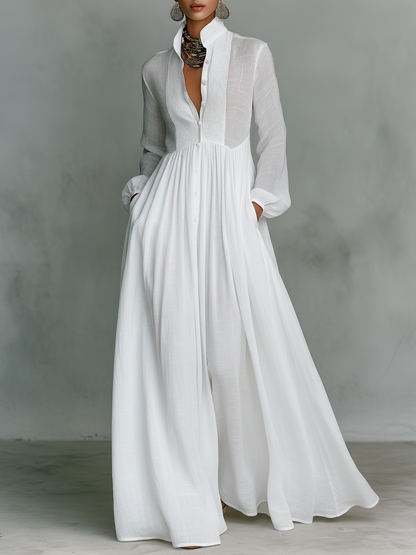Minimalist stand-collar patchwork maxi dress for women | Aveline -1