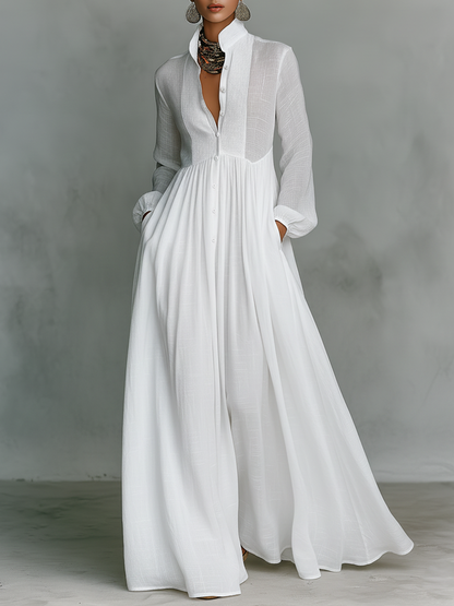 Minimalist stand-collar patchwork maxi dress for women | Aveline -1