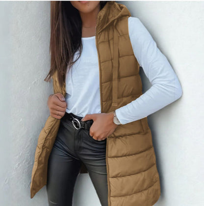 Casual sleeveless hooded long puffer vest for women | Rain -2