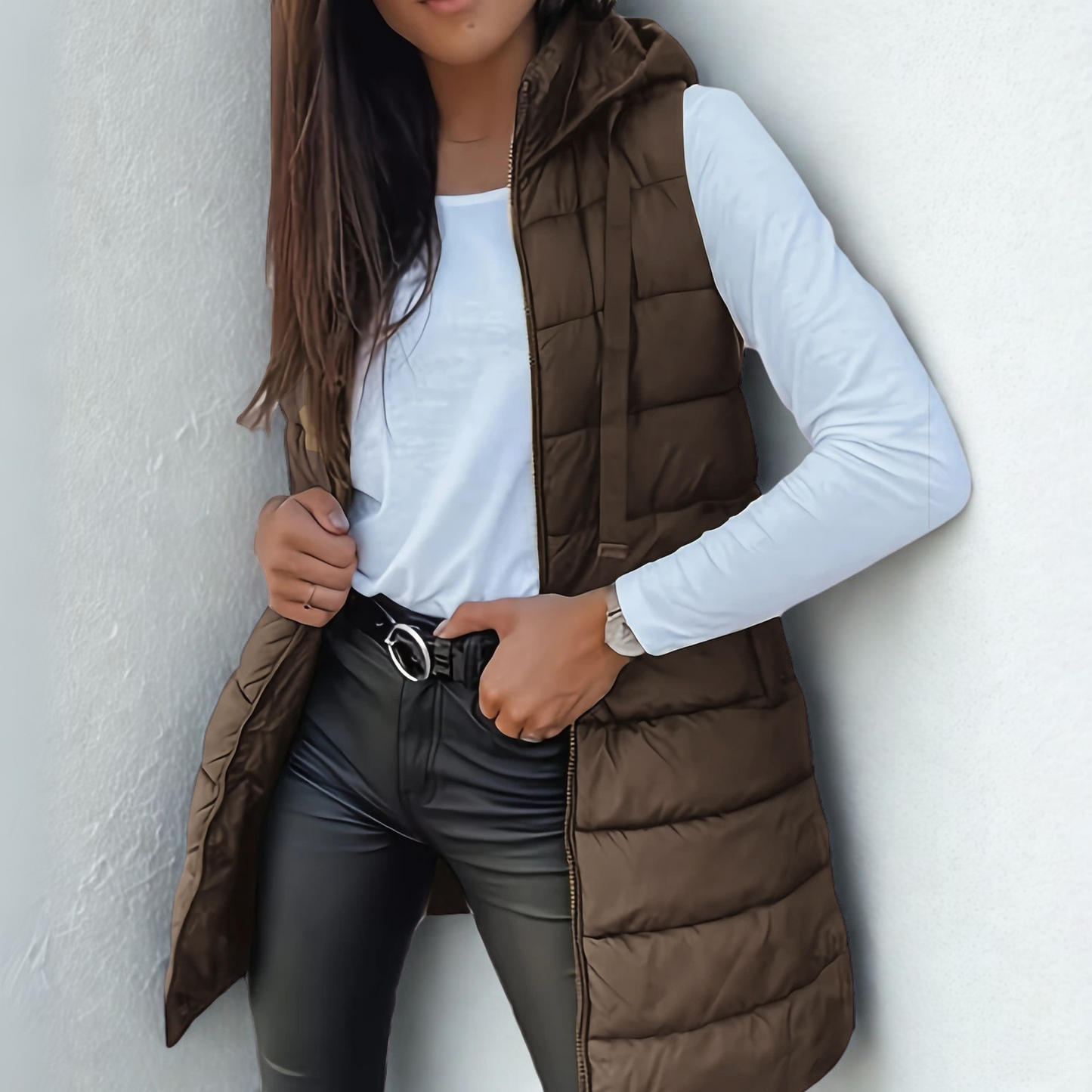 Casual sleeveless hooded long puffer vest for women | Rain -7
