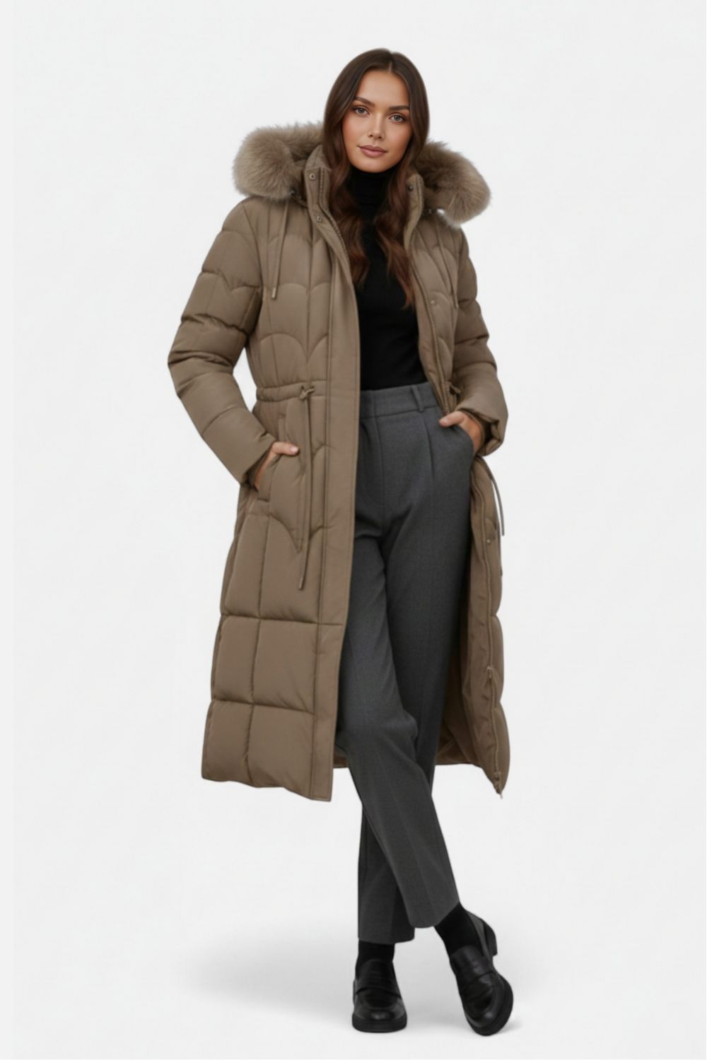 Long puffer coat with hood and adjustable waist for women | Caurelle