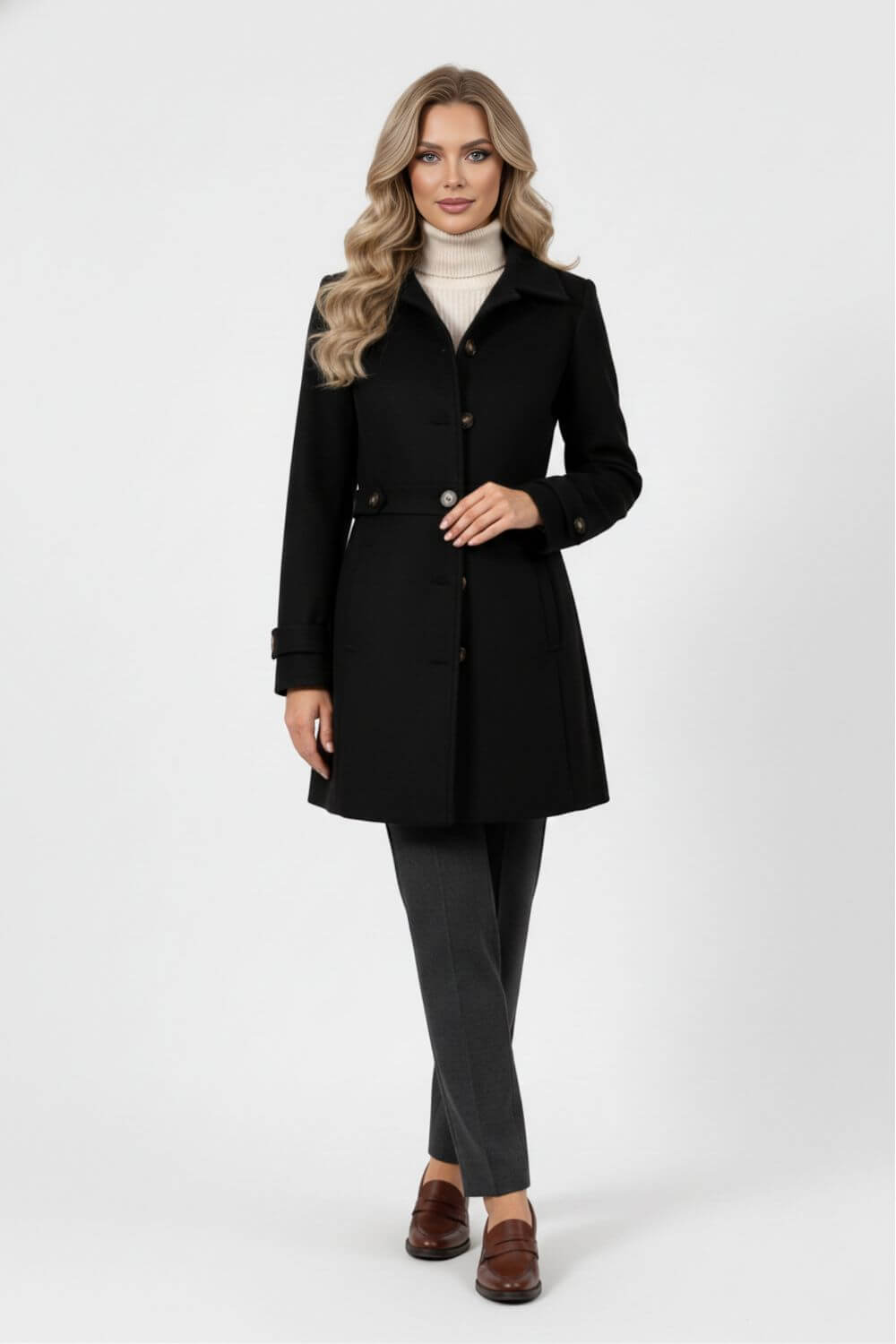 Elegant buttoned winter coat with belted waist for women | Caurelle