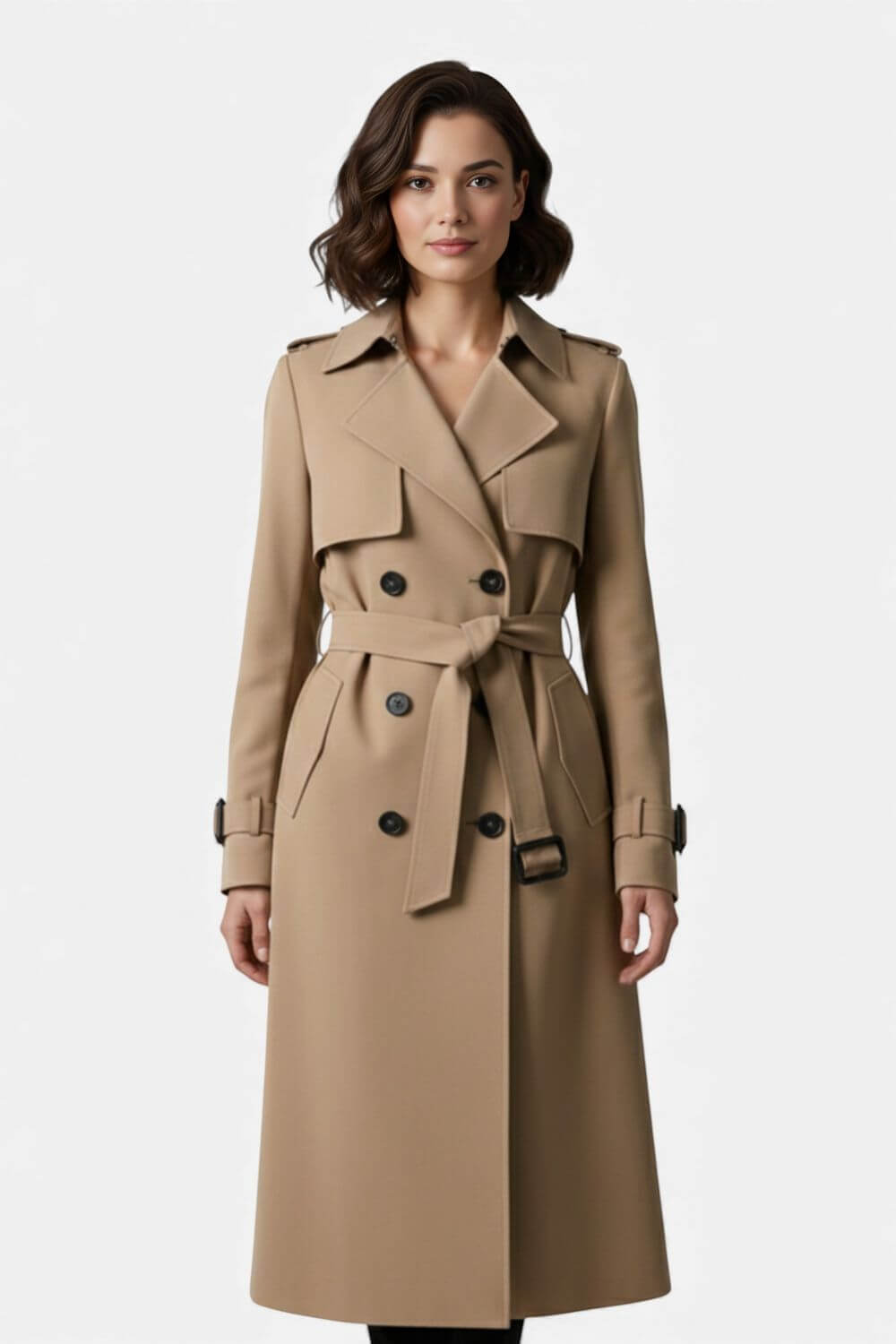 Belted long trench coat with double-button front for women | Caurelle