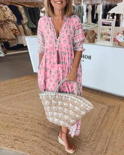 Printed V-neck half sleeve dress for women | Verona -10