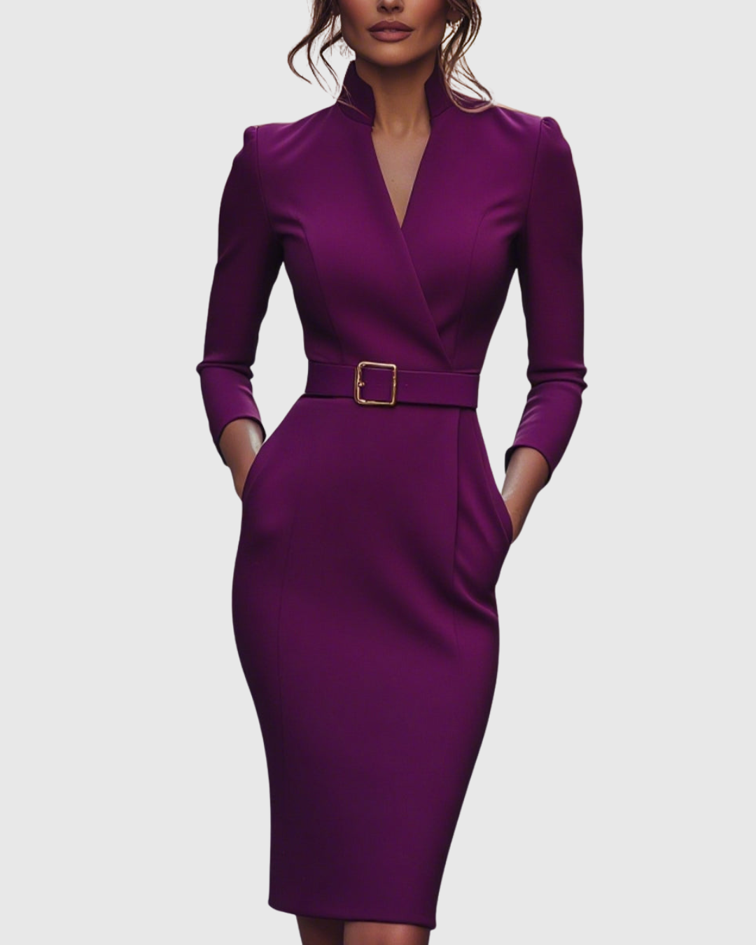 Elegant long-sleeve tailored midi dress for women | Claribel -9