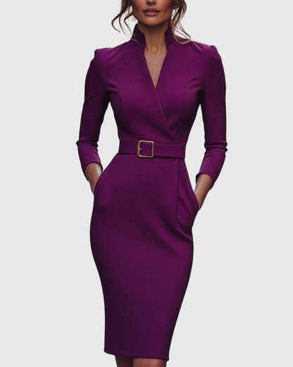 Elegant long-sleeve tailored midi dress for women | Claribel -9