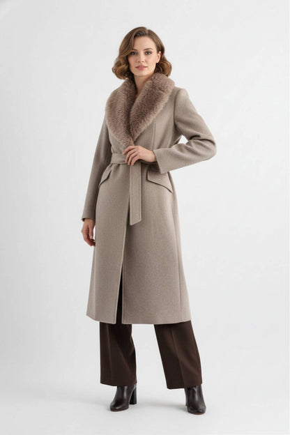 Long coat with soft collar and belted waist for women | Caurelle