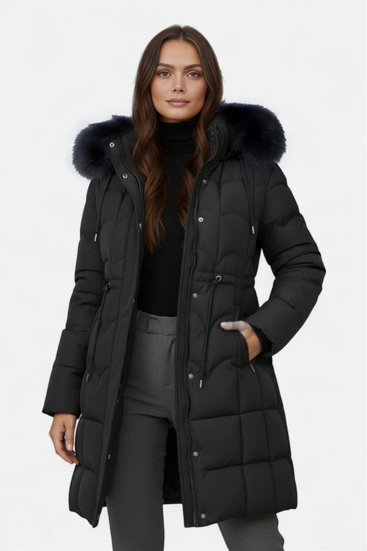 Long puffer coat with hood and adjustable waist for women | Caurelle