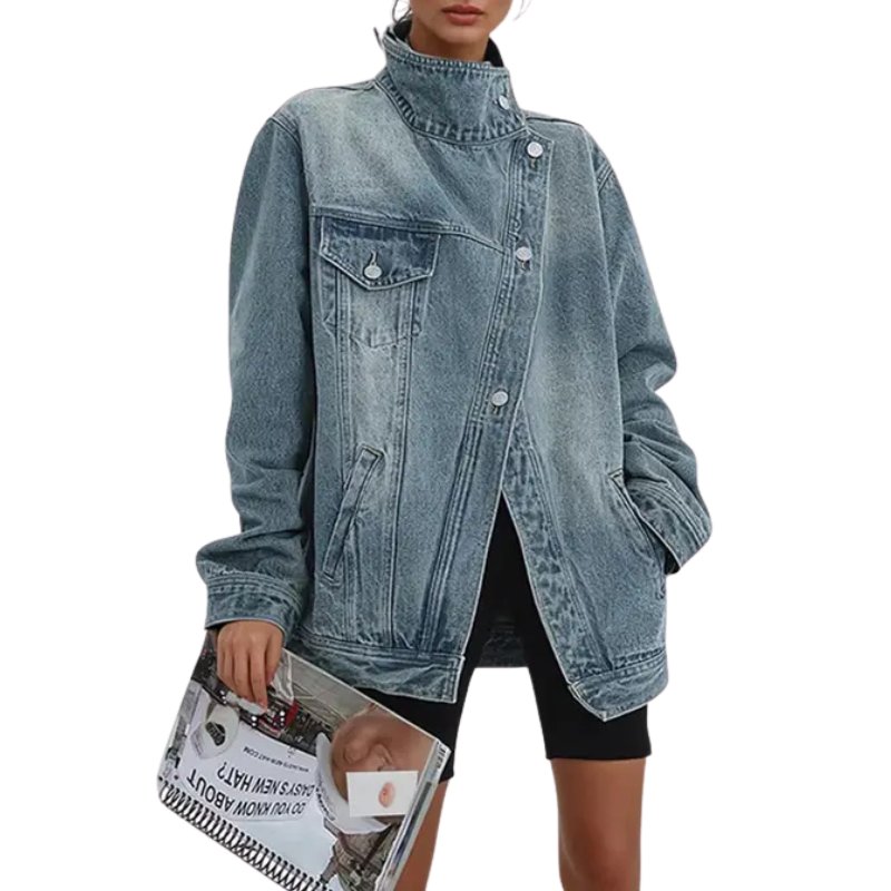 Trendy asymmetric button street-style jacket for women | Sarah -2