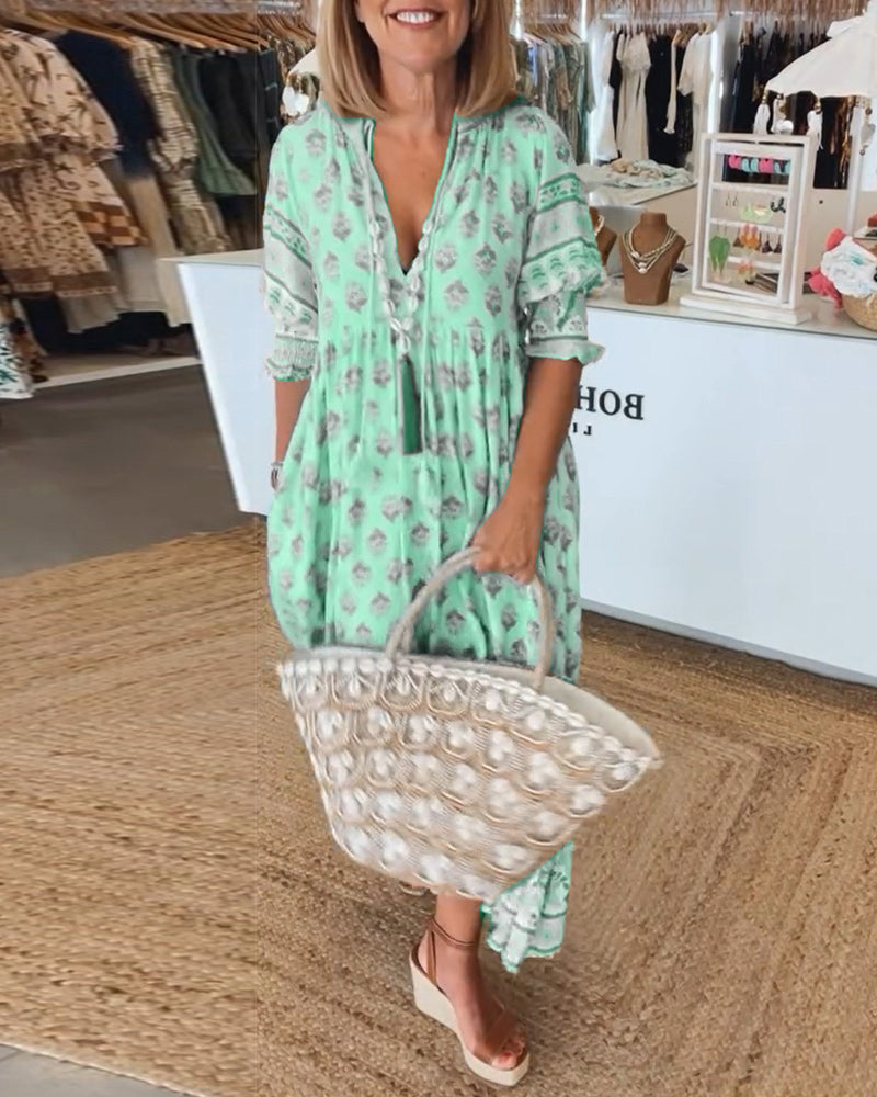 Printed V-neck half sleeve dress for women | Verona -6