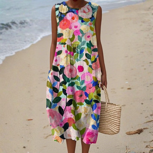 Sleeveless floral dress with A-line silhouette for women | Maribelle