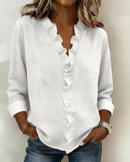 Blouse with ruffled V-neck and long sleeves for women | Indie