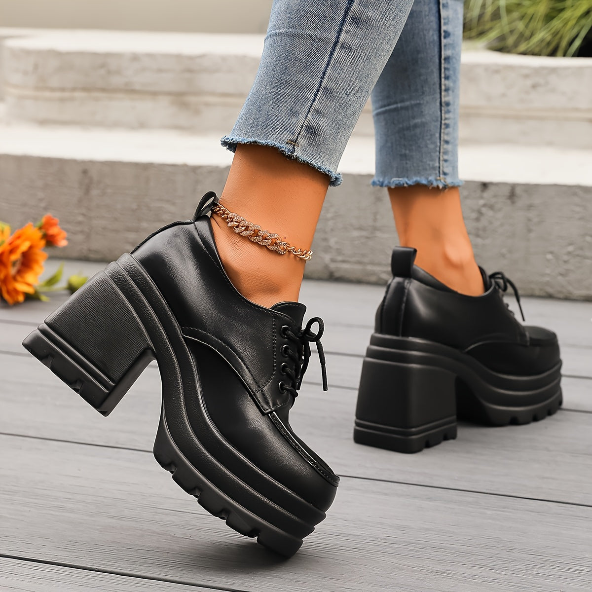 Chunky platform lace-up oxfords block heel for women | Selby -5
