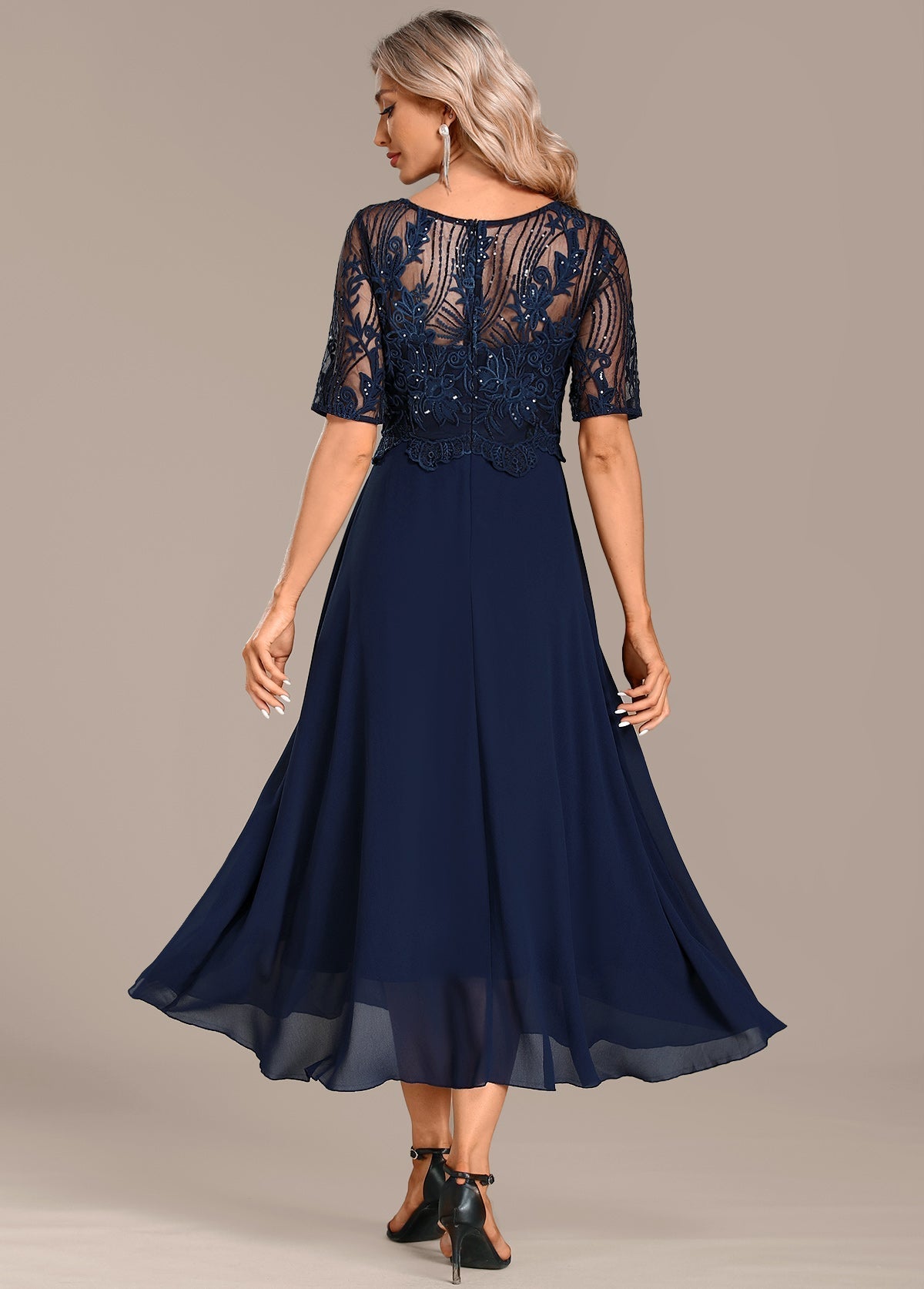 Navy lace short sleeve midi dress for women | Sophie