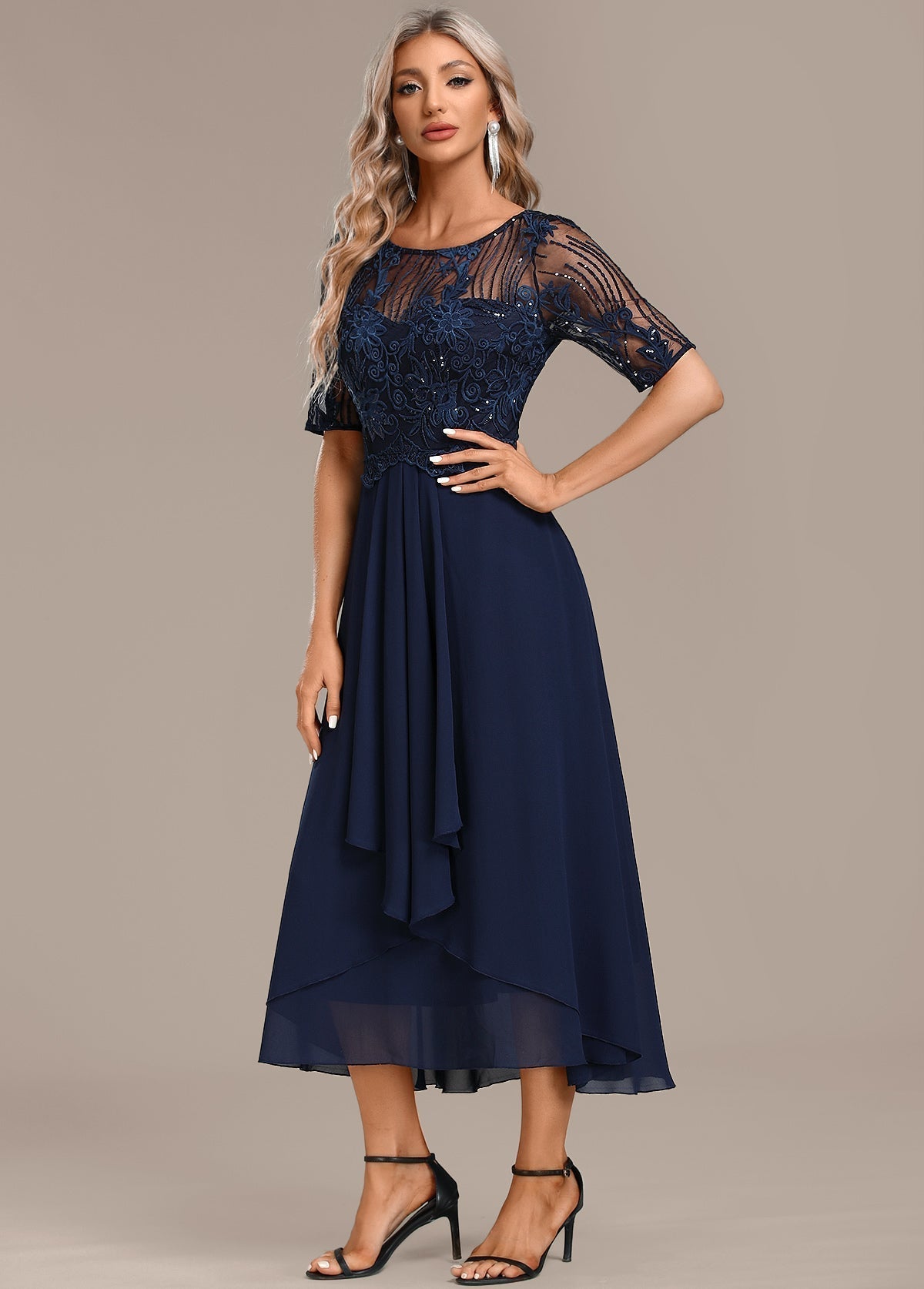 Navy lace short sleeve midi dress for women | Sophie