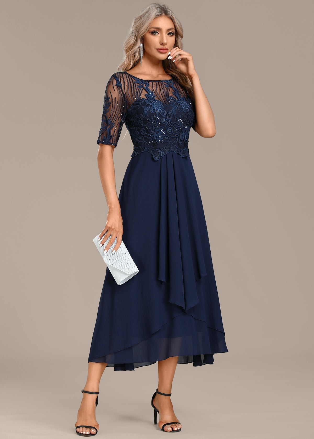 Navy lace short sleeve midi dress for women | Sophie