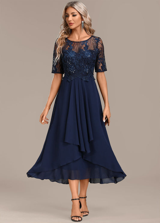 Navy lace short sleeve midi dress for women | Sophie
