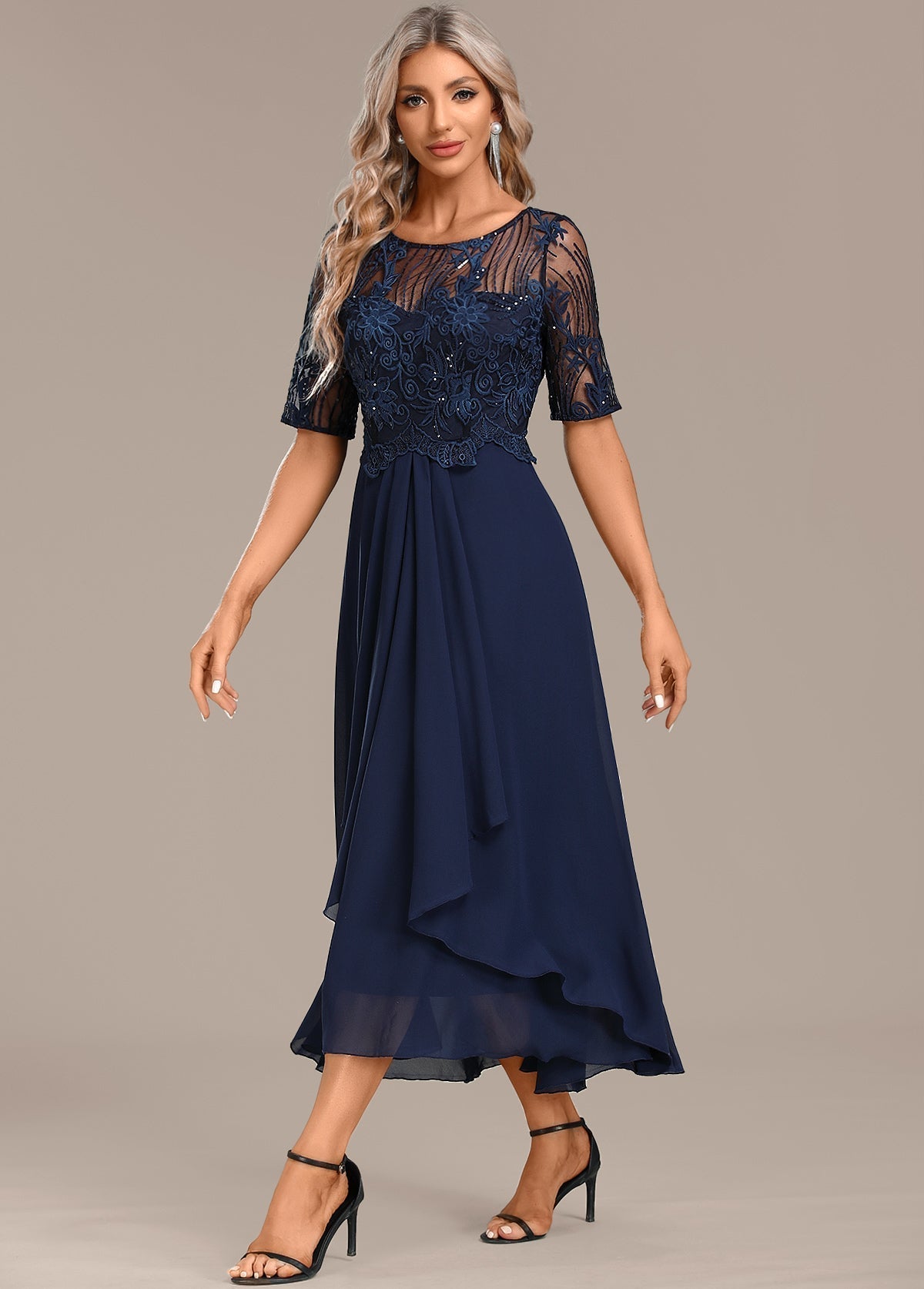 Navy lace short sleeve midi dress for women | Sophie