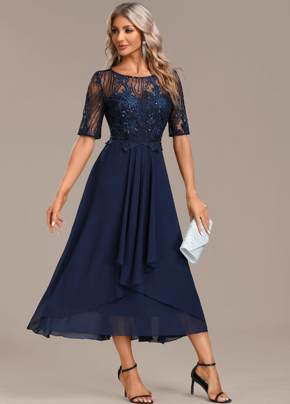 Navy lace short sleeve midi dress for women | Sophie