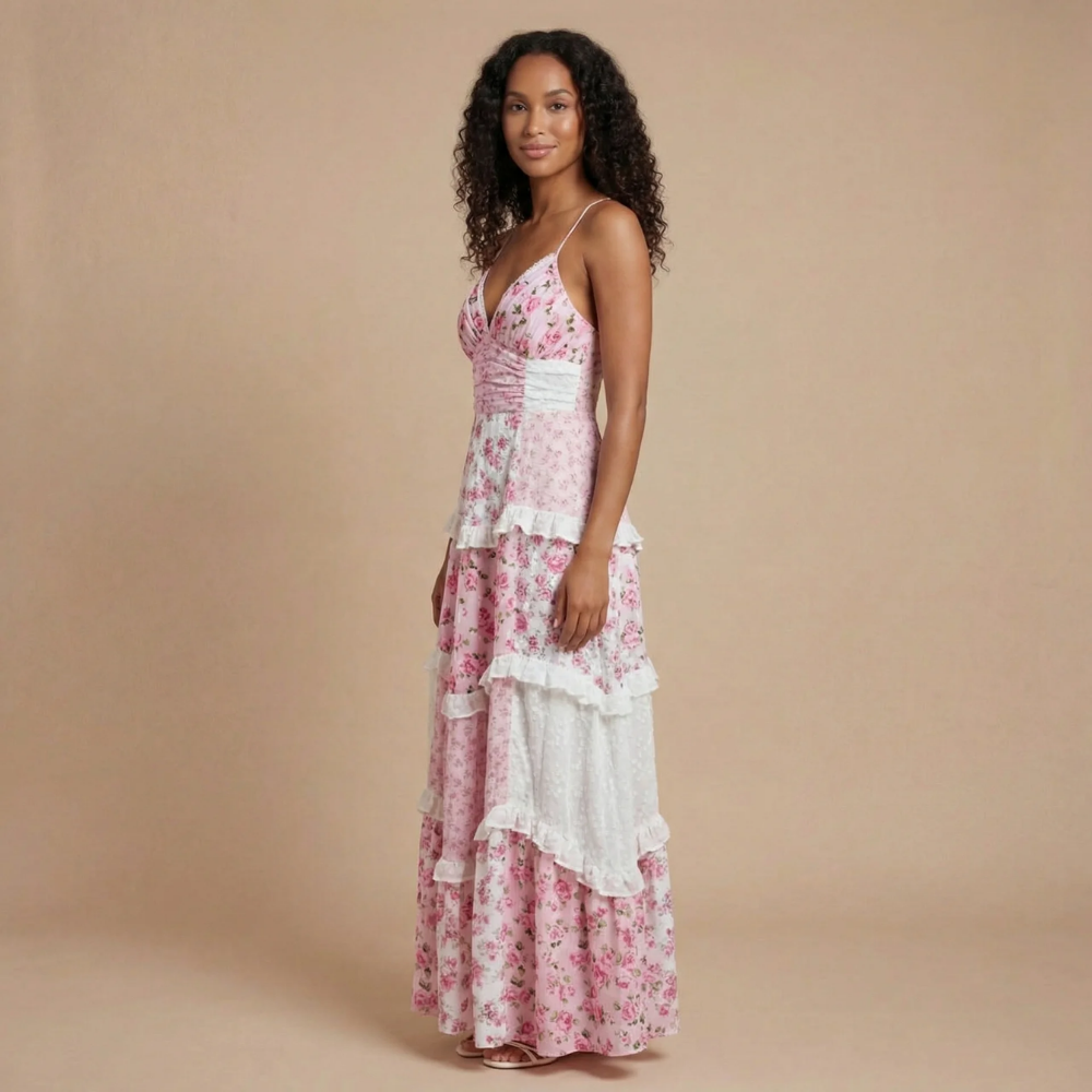 Luxury wedding guest floral neck dress for women -1