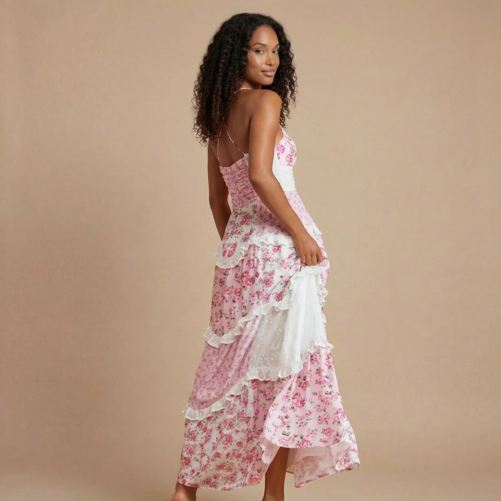 Luxury wedding guest floral neck dress for women -2