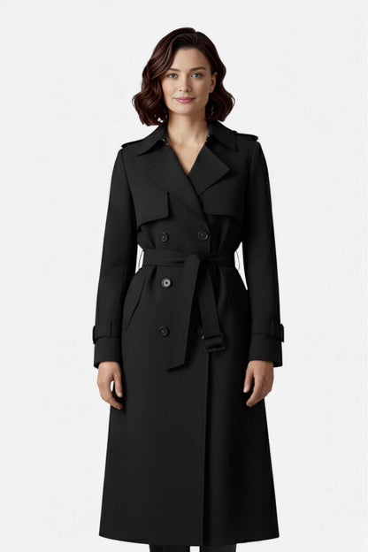 Belted long trench coat with double-button front for women | Caurelle