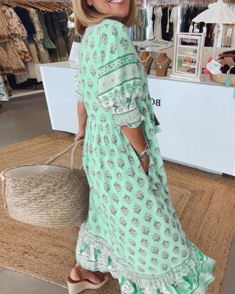 Printed V-neck half sleeve dress for women | Verona -7