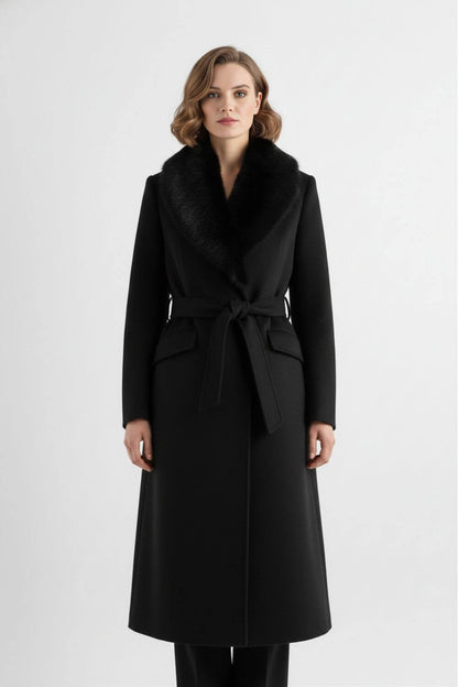 Long coat with soft collar and belted waist for women | Caurelle