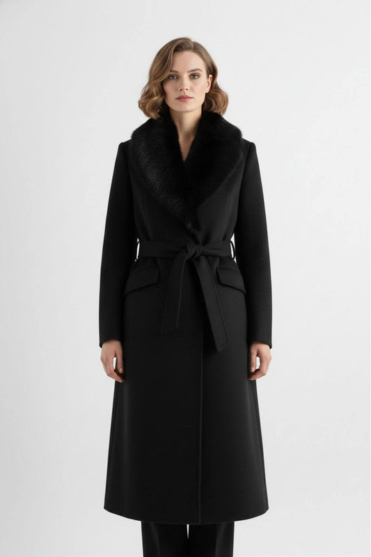 Long coat with soft collar and belted waist for women | Caurelle