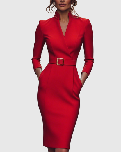 Elegant long-sleeve tailored midi dress for women | Claribel -5