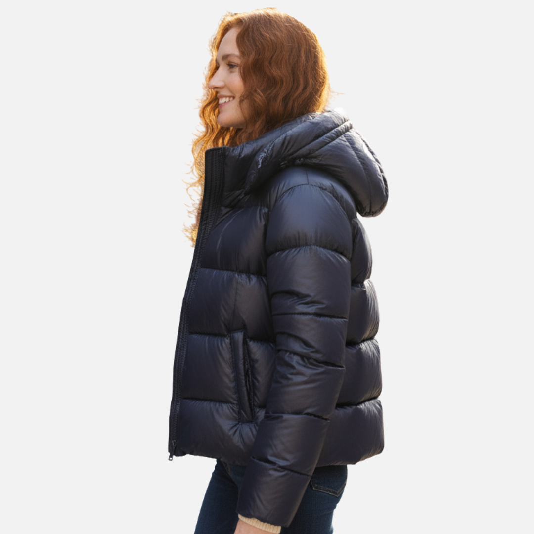 Glossy hooded lightweight puffer jacket for women -3