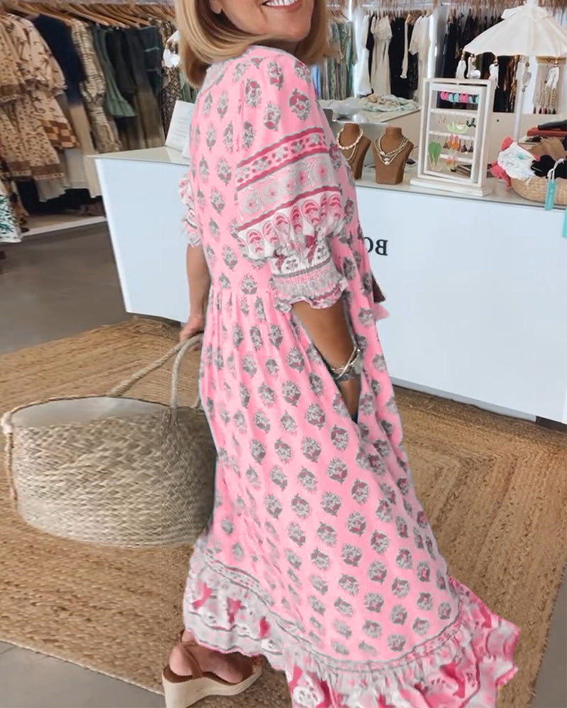 Printed V-neck half sleeve dress for women | Verona -12