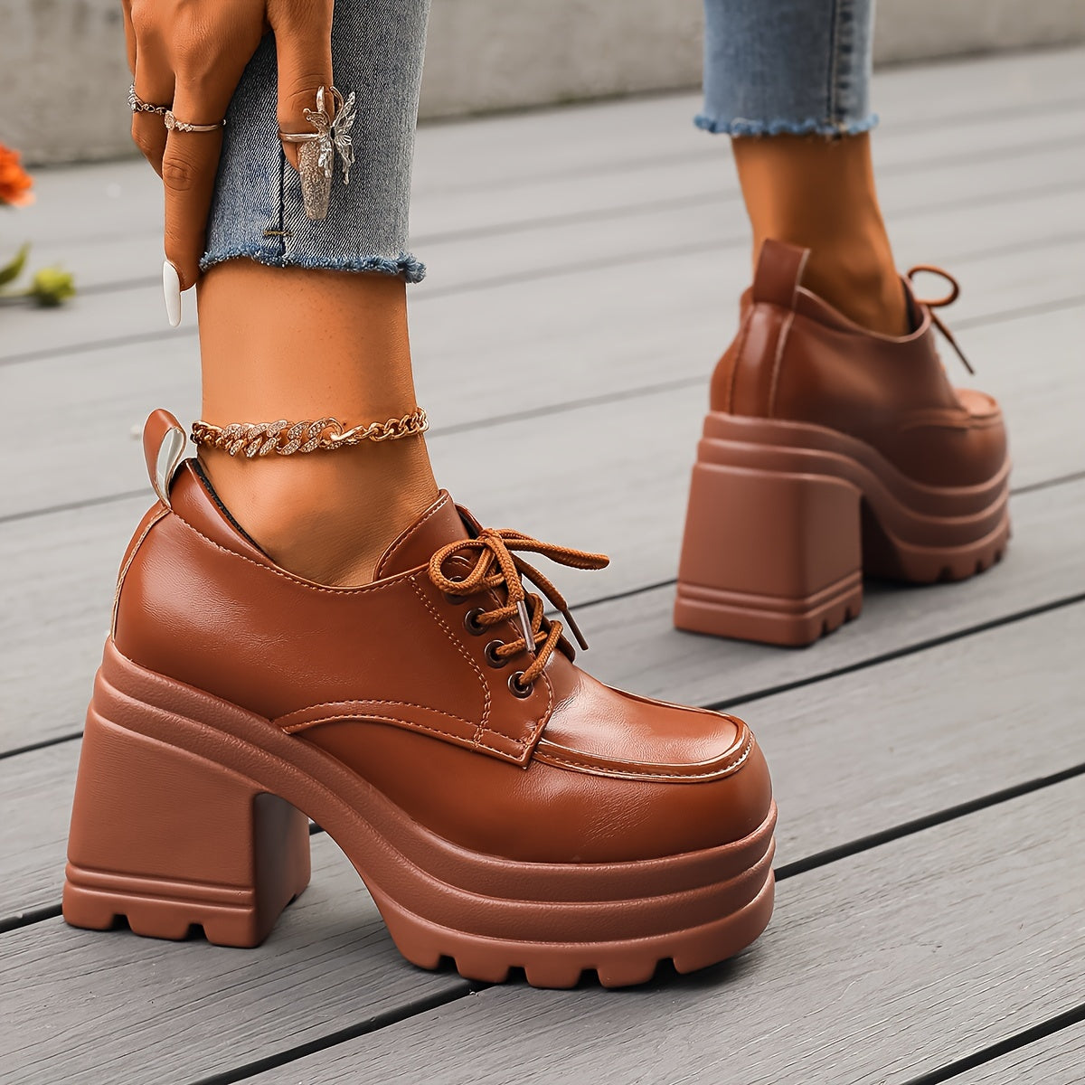 Chunky platform lace-up oxfords block heel for women | Selby -4