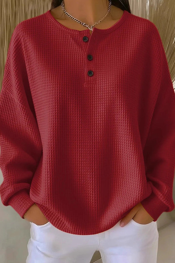 Classic waffle-knit henley everyday top for women | Livia -3