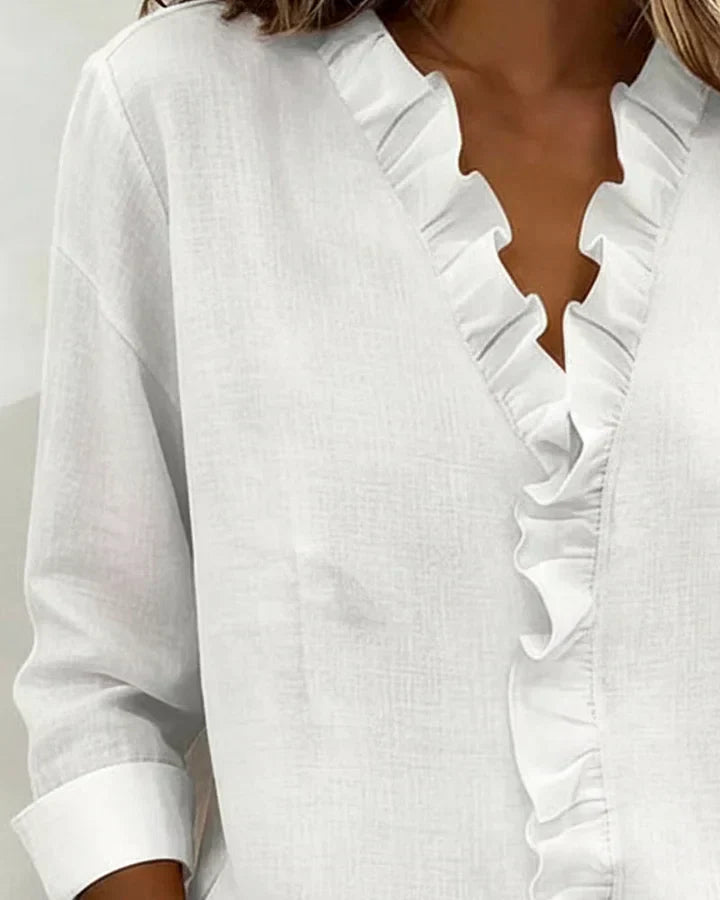 Blouse with ruffled V-neck and long sleeves for women | Indie