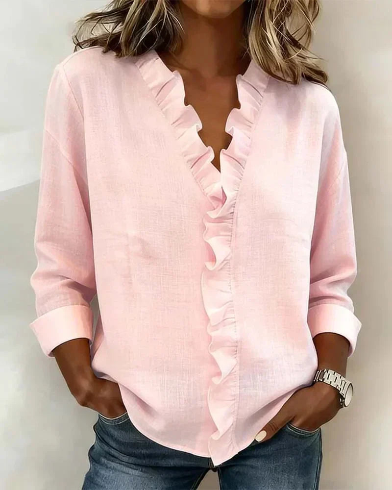Blouse with ruffled V-neck and long sleeves for women | Indie