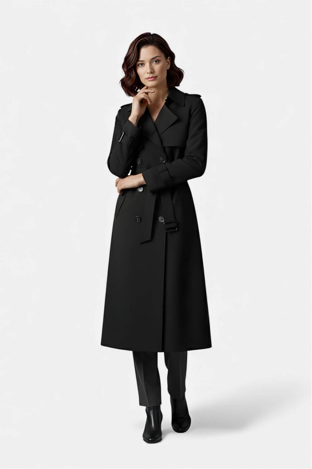 Belted long trench coat with double-button front for women | Caurelle