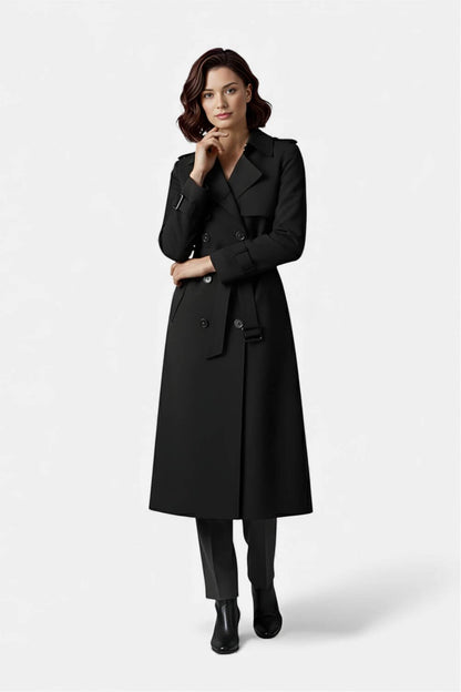 Belted long trench coat with double-button front for women | Caurelle