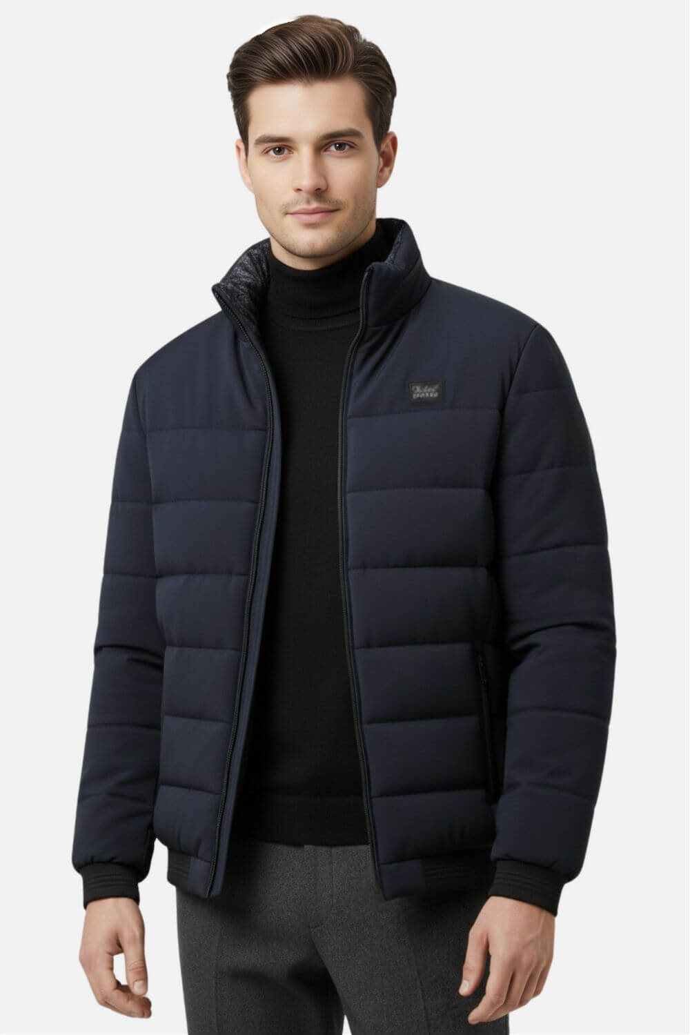 Stand-collar puffer jacket with zippered pockets for men | Caurelle