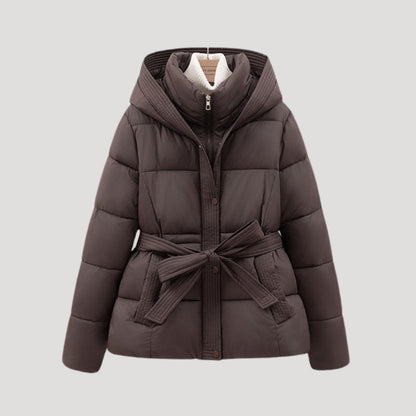 Belted hooded puffer jacket for women | Elara