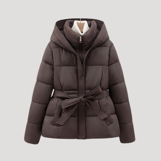 Belted hooded puffer jacket for women | Elara