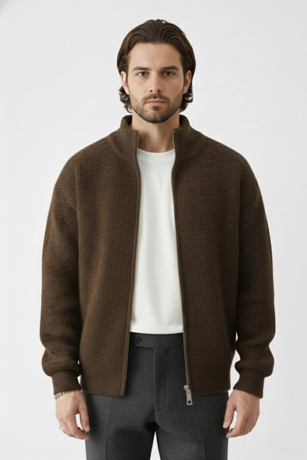 Zip knit jumper with stand collar for men | Caurelle