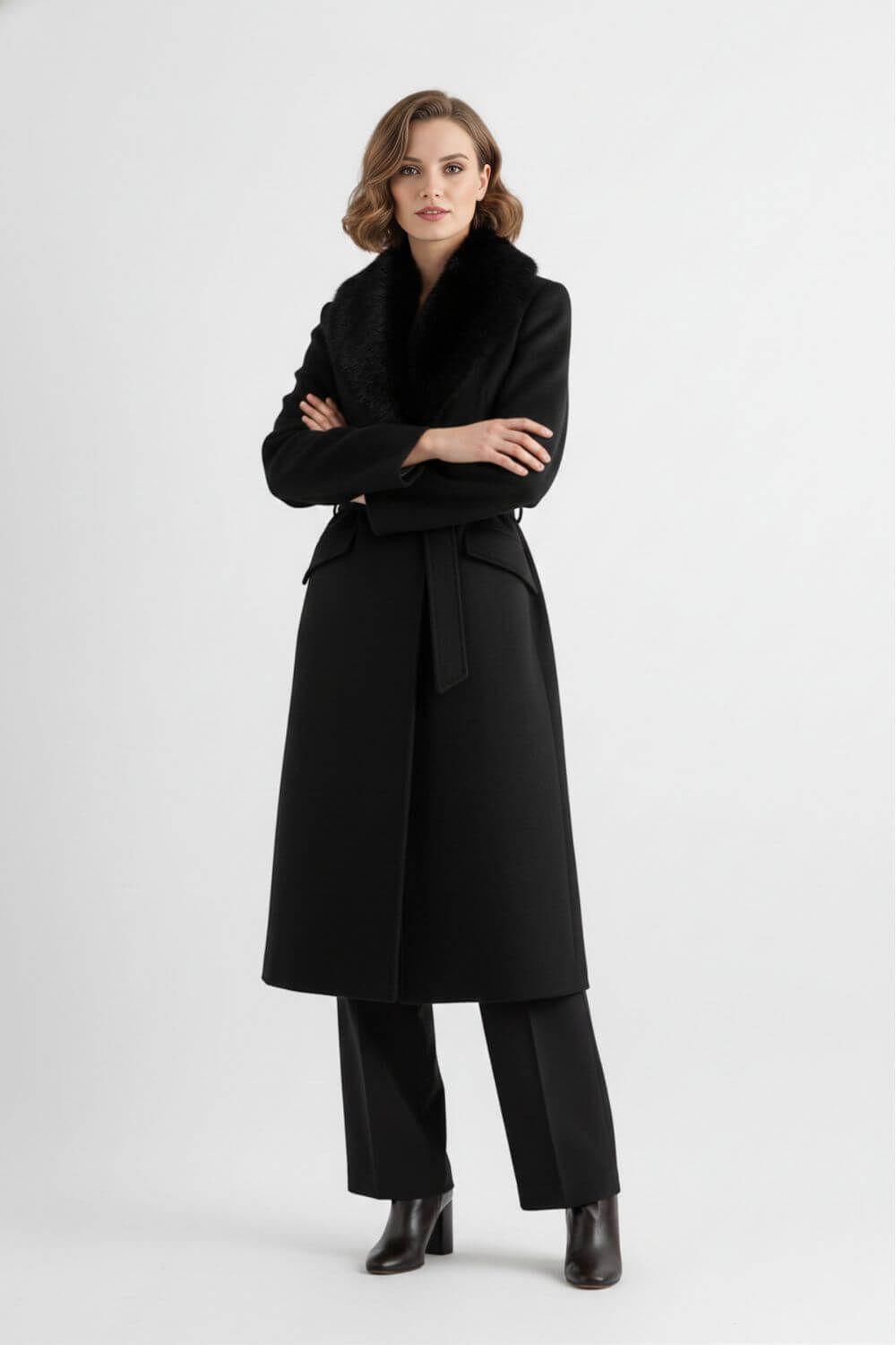 Long coat with soft collar and belted waist for women | Caurelle