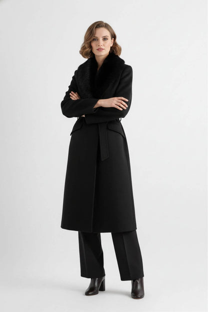 Long coat with soft collar and belted waist for women | Caurelle