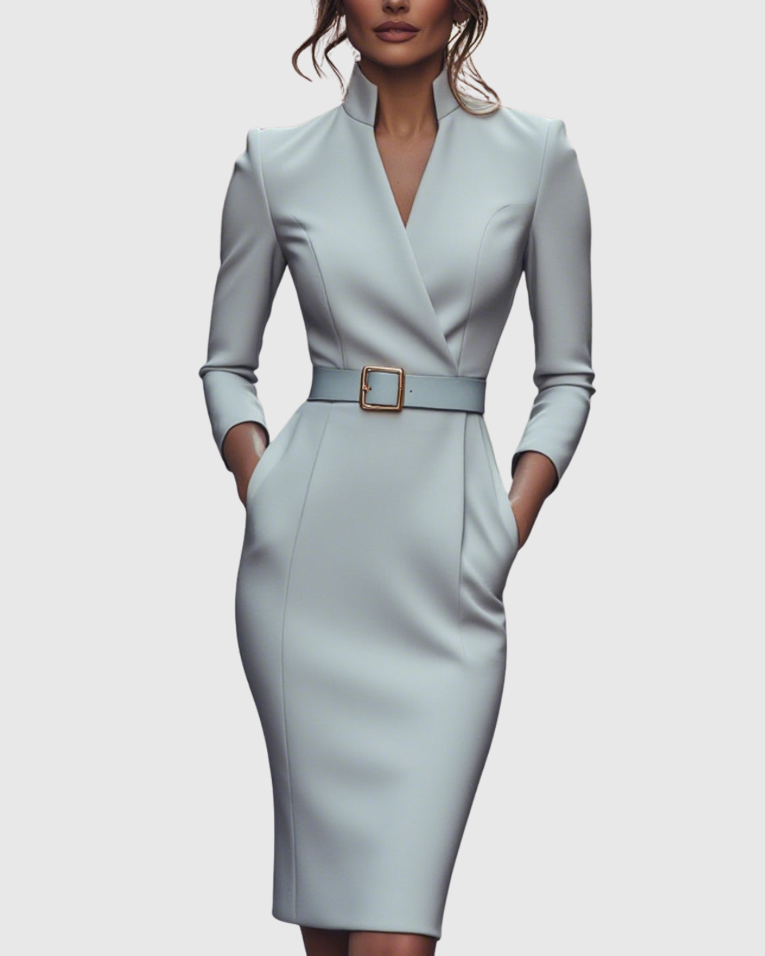 Elegant long-sleeve tailored midi dress for women | Claribel -10