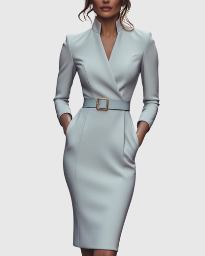 Elegant long-sleeve tailored midi dress for women | Claribel -10
