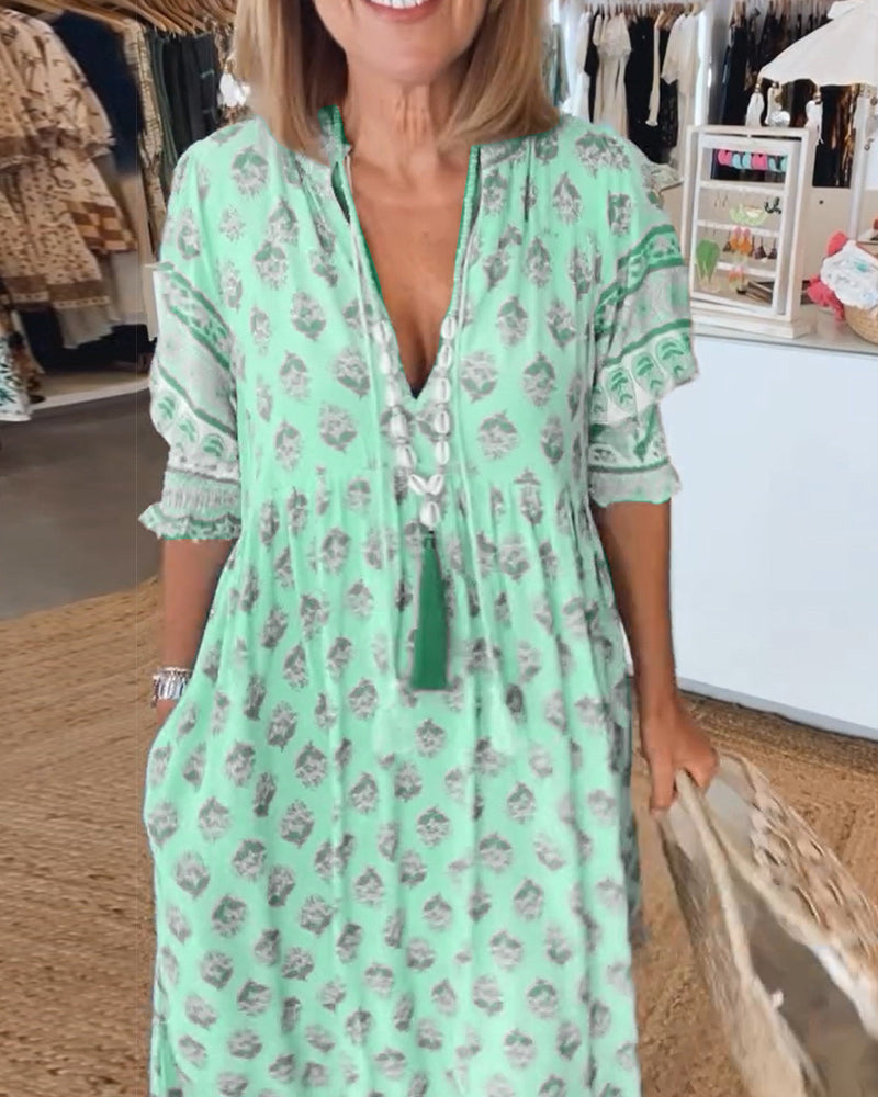Printed V-neck half sleeve dress for women | Verona -5