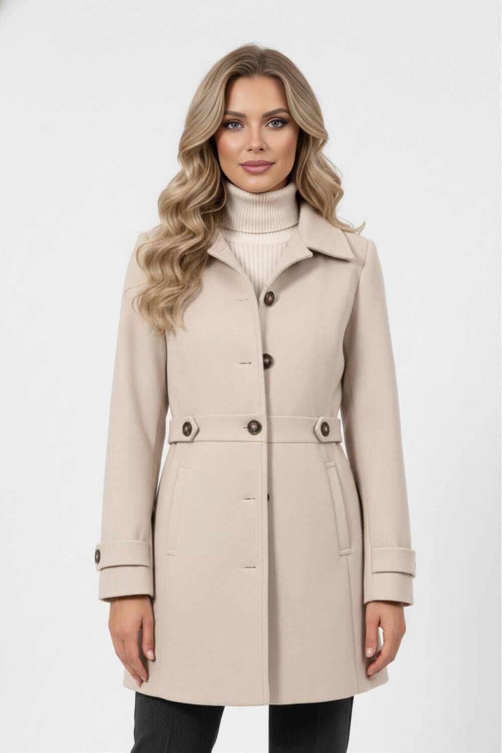 Elegant buttoned winter coat with belted waist for women | Caurelle